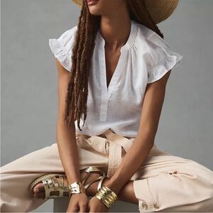 Pilcro Linen Ruffle Sleeve Top